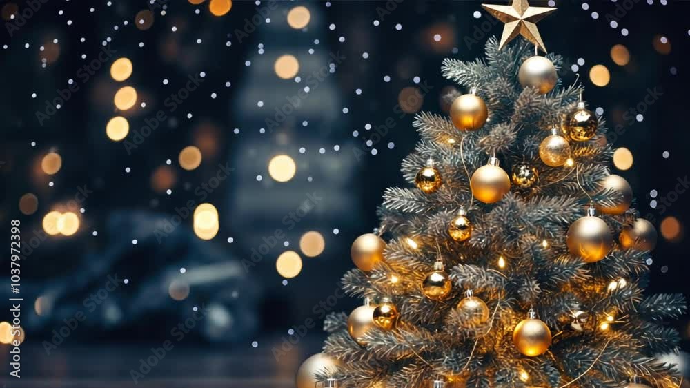 Festive Christmas Tree with Gold Ornaments: A captivating image of a beautifully decorated Christmas tree adorned with gold ornaments, sparkling lights, and falling snow.