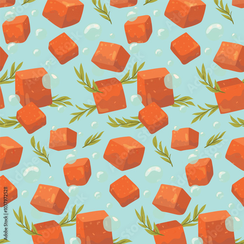 Seamless pattern of handmade red soap spinning around leaves. Cosmetics and medical plant.