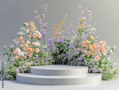 3d render of white round podium with colorful flowers and gray background