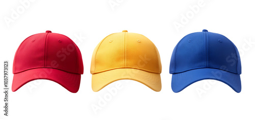 collection of three blue red yellow baseball caps isolated transparent background