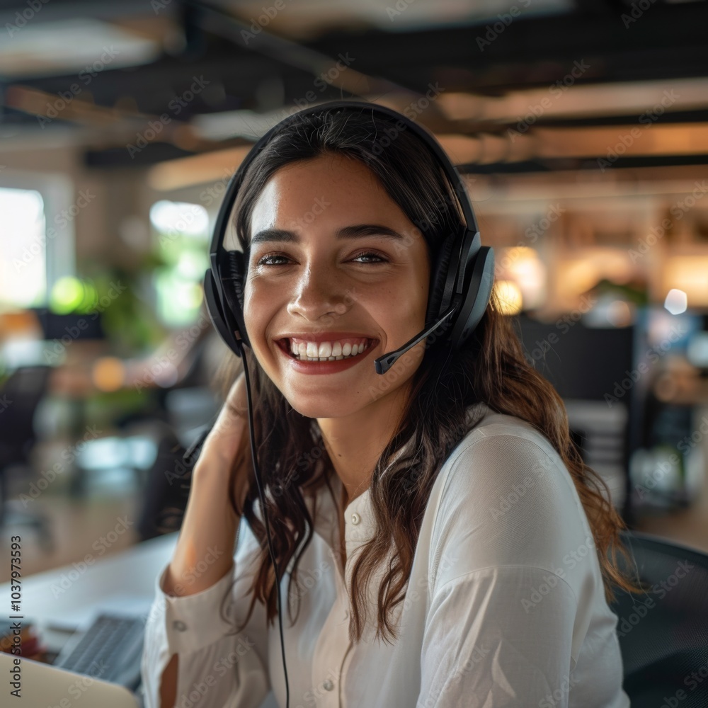 Call center, young woman and smile in contact us with CRM, headset with mic and mockup space. Customer service consultant, happy female and telemarketing with sales and help desk Call center, young woman and smile in contact us with CRM, headset with mic and mockup space. Customer service consultant, happy female and telemarketing with sales and help desk