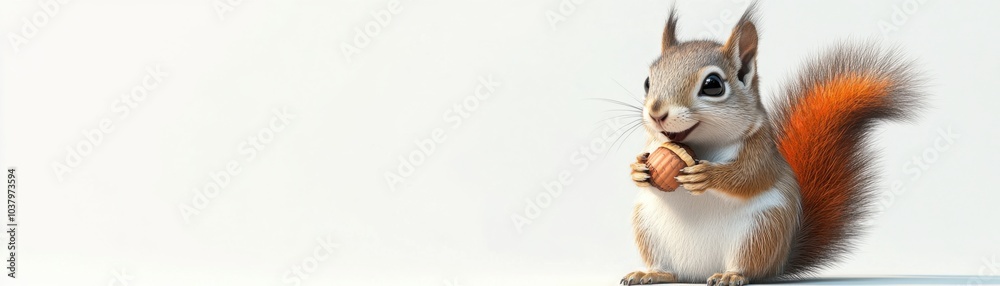 Obraz premium A cheerful squirrel holds an acorn, showcasing its fluffy tail and vibrant fur against a light background.