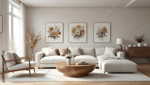 A minimalist living room with neutral-toned furniture, including a large sectional sofa , armchairs , and a wooden coffee table.