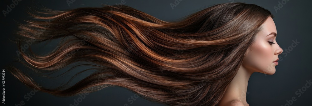 A woman with long, flowing brown hair against a dark gray background for a beauty and hairstyle concept. A woman with long, flowing brown hair against a dark gray background for a beauty and hairstyle concept.