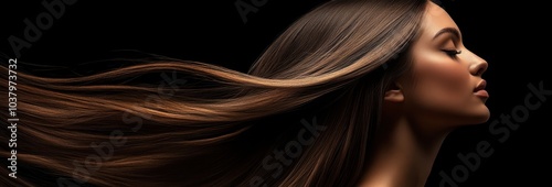 A beautiful woman with long, flowing hair is shown in profile against an isolated dark background. 