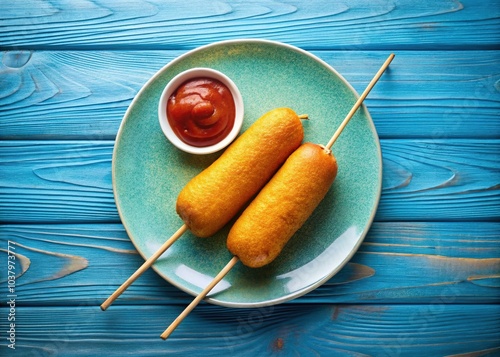 A classic duo: corn dogs on blue, ketchup adds the pop. photo