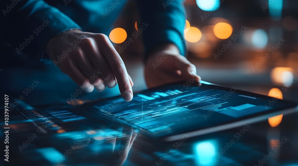 Man with futuristic digital tablet on a project. Man with futuristic digital tablet on a project.