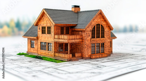 Realistic model of a brick house over detailed architectural blueprints, ideal for real estate marketing, construction concepts, and architectural presentations