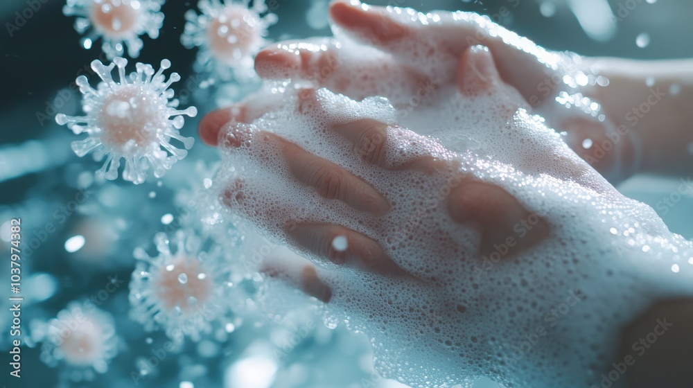Fototapeta premium Virus particles disappearing as hands are scrubbed with soap and water, representing effective hygiene practices and infection prevention in a close-up.