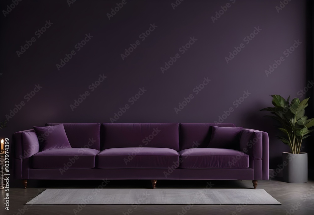 A modern purple velvet sofa in a dark room with a single spotlight illuminating the scene. A modern purple velvet sofa in a dark room with a single spotlight illuminating the scene.