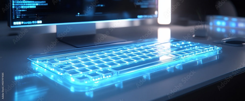 Futuristic transparent keyboard illuminated with blue light on a desk. Futuristic transparent keyboard illuminated with blue light on a desk.