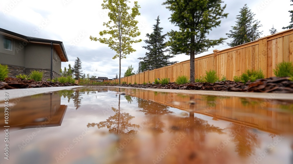 Obraz premium Backyard with standing water reflecting the surrounding trees and sky, capturing the serene beauty of nature's reflection and the tranquility of a still moment.