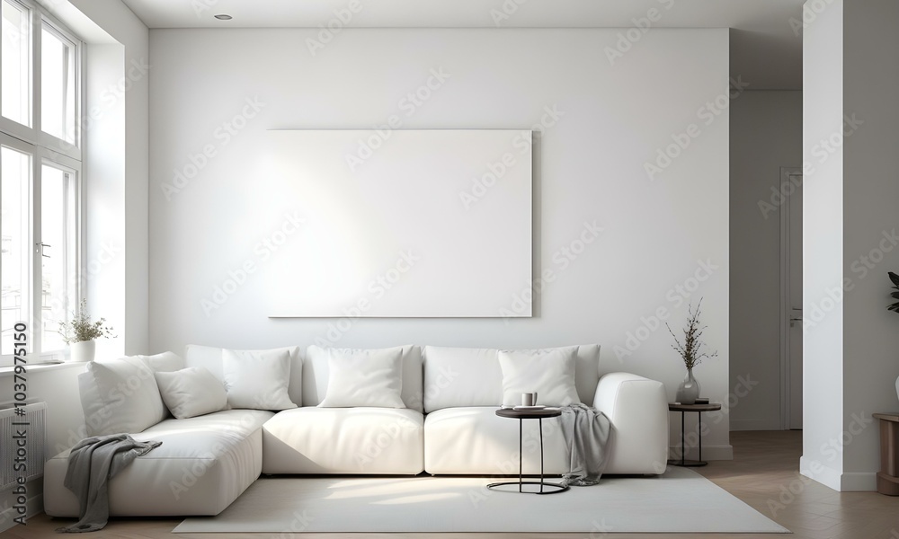 A minimalist living room with a large white canvas on the wall, a white sofa, and a small table with decorative items. A minimalist living room with a large white canvas on the wall, a white sofa, and a small table with decorative items.