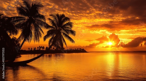 A serene sunset over calm waters, framed by silhouettes of palm trees.