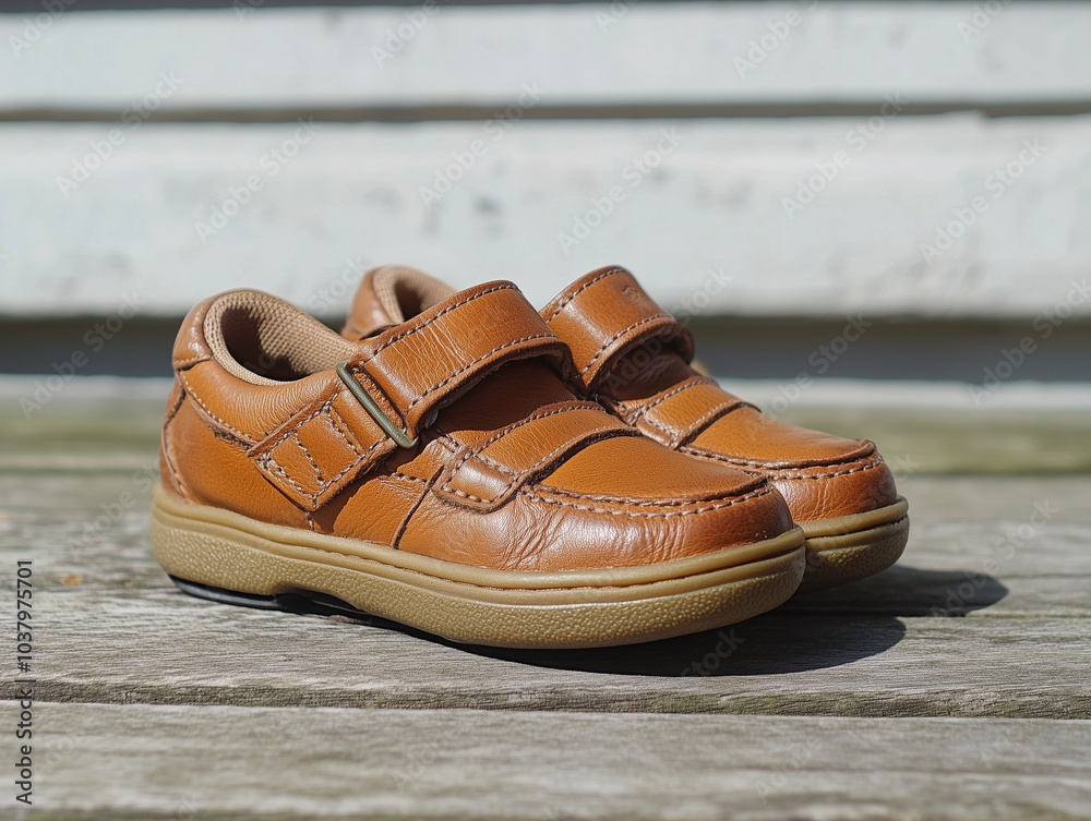 Brown leather kids shoes on wooden floor Brown leather kids shoes on wooden floor