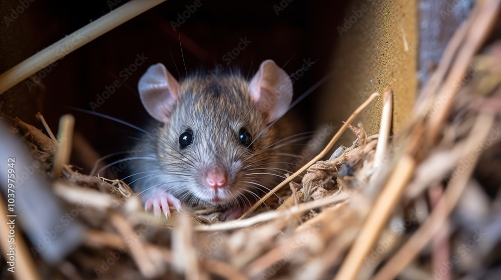 Brown rat nests within house insulation, gnawing on wires, highlighting the common issues of rodent infestations in residential areas Brown rat nests within house insulation, gnawing on wires, highlighting the common issues of rodent infestations in residential areas