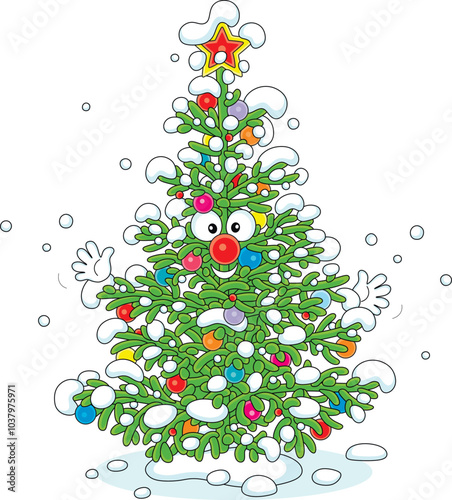 Funny Christmas fir tree cartoon character festively decorated with colorful holiday balls and covered with snow, vector illustration isolated on a white background