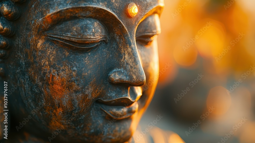 A close-up of a Buddha statue calm eyes, with luminous energy emanating softly in waves from behind, casting a divine light over the scene, and the blurred background offering clear copy space A close-up of a Buddha statue calm eyes, with luminous energy emanating softly in waves from behind, casting a divine light over the scene, and the blurred background offering clear copy space