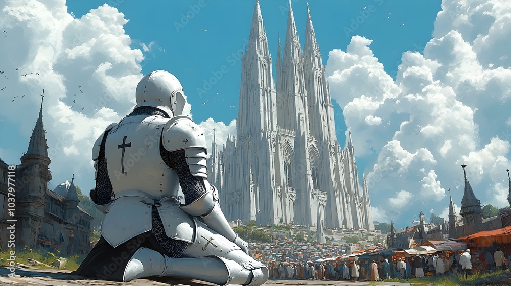 Naklejka premium Stoic Knight Kneeling Before Looming Cathedral Faade in Bustling Marketplace