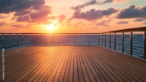 A serene sunset view from a deck overlooking the ocean, creating a peaceful atmosphere.