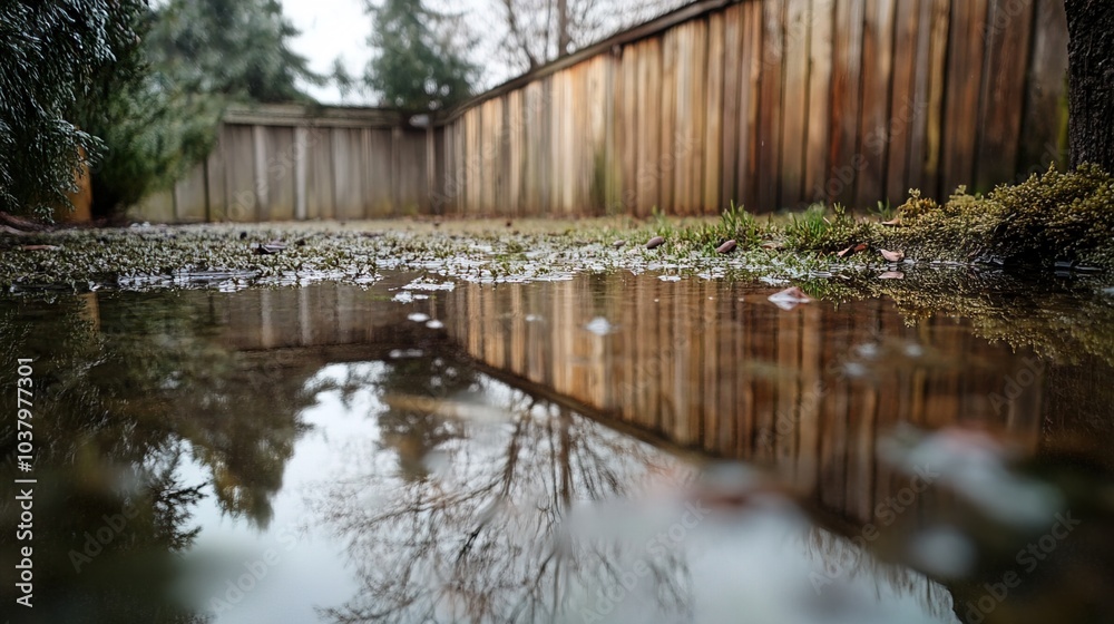 Obraz premium Backyard with standing water reflecting the surrounding trees and sky, capturing the serene beauty of nature's reflection and the tranquility of a still moment.