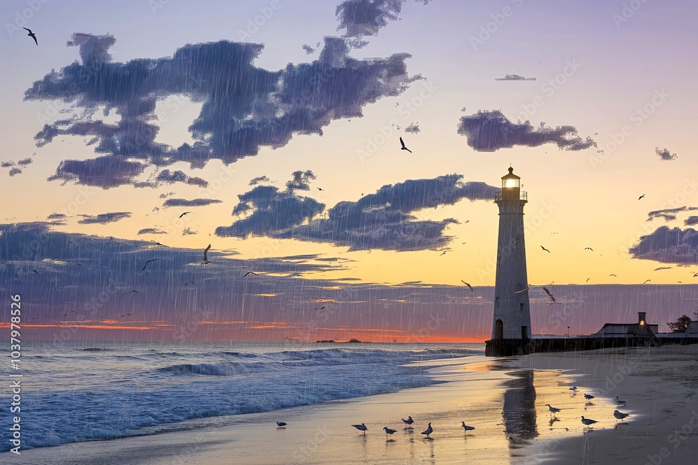 Fototapeta premium Lighthouse on the beach at morning dramatic sky