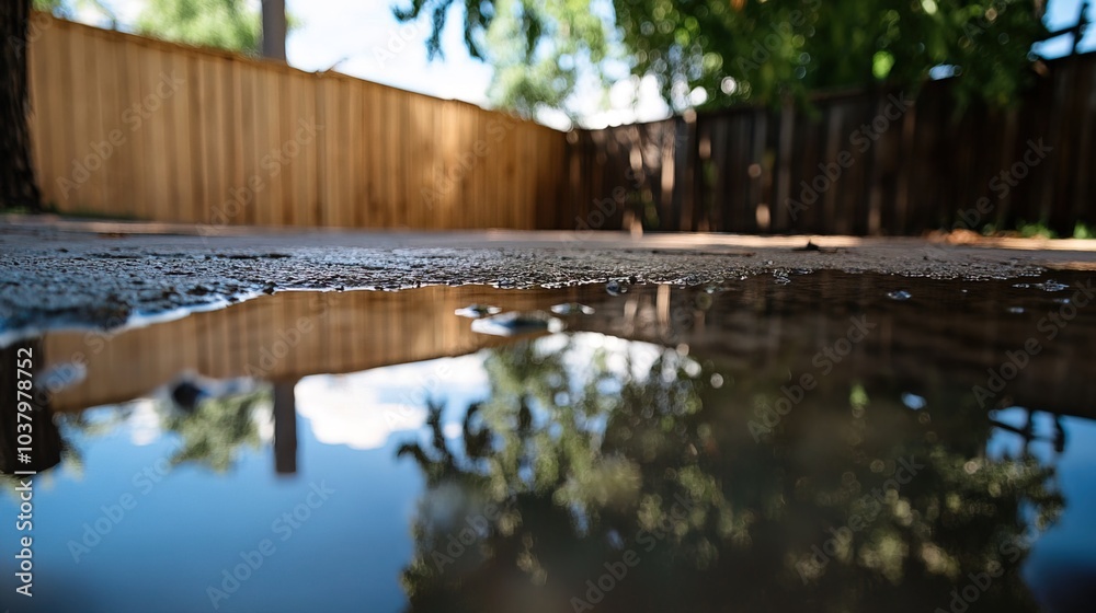 Naklejka premium Backyard with standing water reflecting the surrounding trees and sky, capturing the serene beauty of nature's reflection and the tranquility of a still moment.