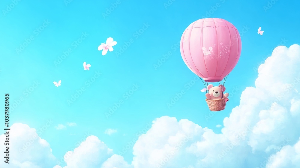 Fototapeta premium Cute Pink Teddy Bear Flying in Hot Air Balloon with Butterflies