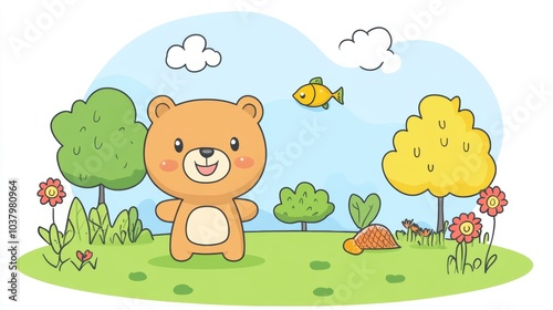 Cute Cartoon Bear in Forest Landscape with Fish and Flowers