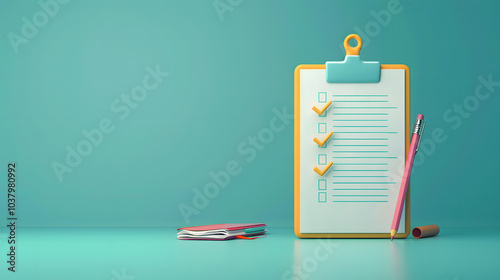Checklist and clipboard. Task list and pencil on green background. 3d illustration