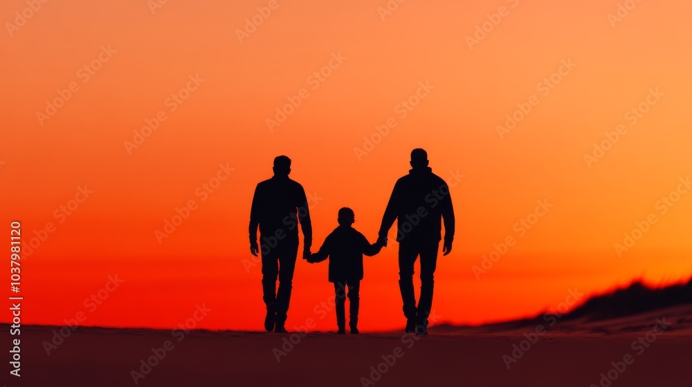 A family walking hand in hand along the beach at sunset, their silhouettes glowing against the colorful sky. A family walking hand in hand along the beach at sunset, their silhouettes glowing against the colorful sky.
