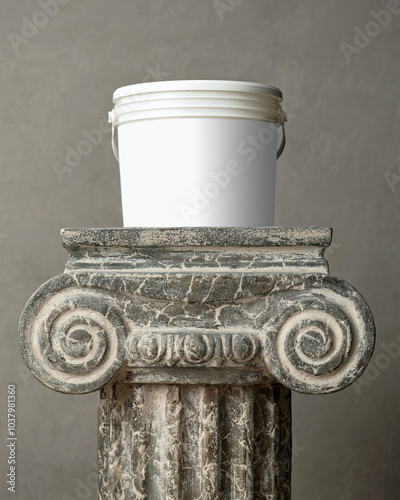White paint bucket on Greek column against plastered wall. Plastic technical container for Greek products olives, feta, yogurt. Empty bucket. Front view. Place for label.