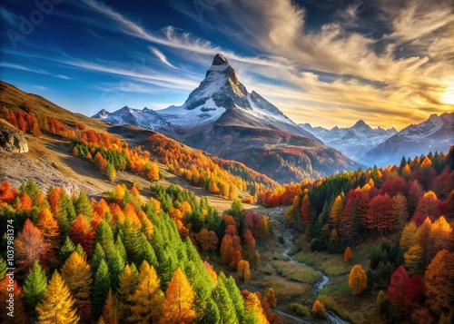 Golden light bathes the Matterhorn and Sunnega valley, a breathtaking Swiss Alps autumn scene. photo