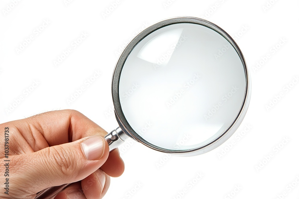 An single hand with a magnifying lens on a white backdrop. Generative Ai An single hand with a magnifying lens on a white backdrop. Generative Ai