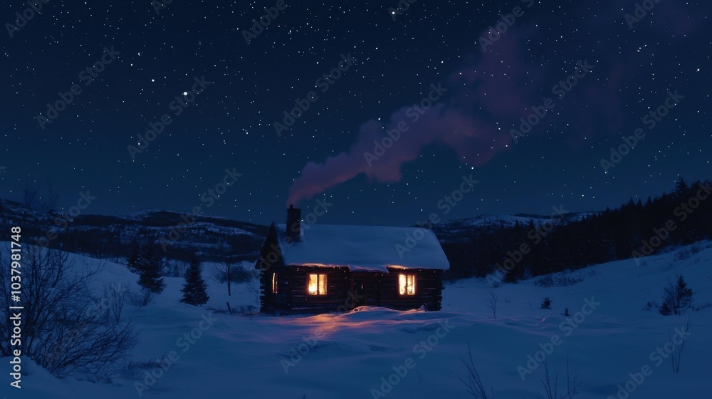 Cozy Cabin in the Snowy Night with Rising Smoke Cozy Cabin in the Snowy Night with Rising Smoke