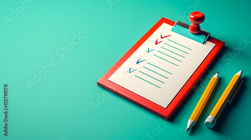 Checklist and clipboard. Task list and pencil on green background. 3d illustration