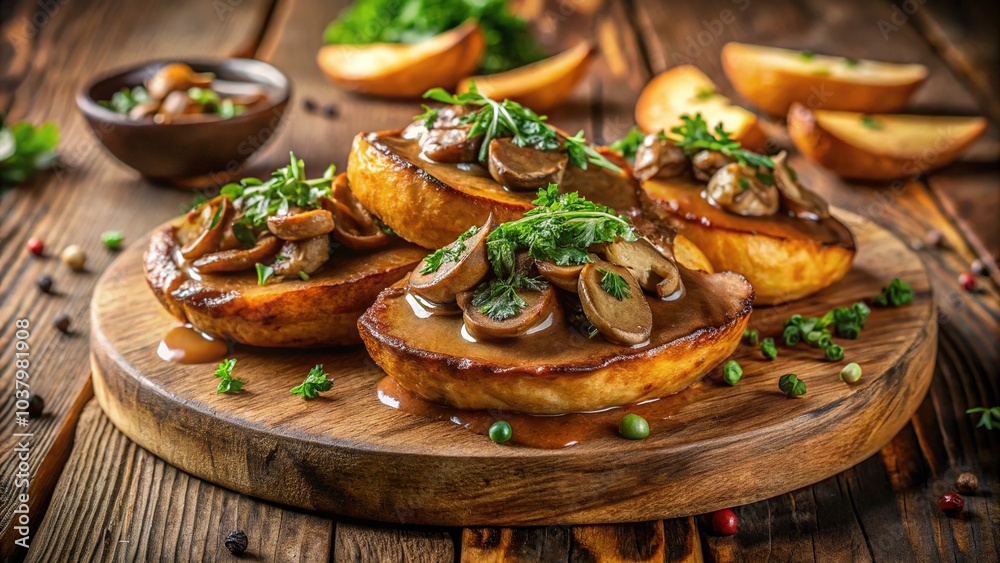 Indulge in gourmet potato skins filled with rich, flavorful mushroom sauce. Indulge in gourmet potato skins filled with rich, flavorful mushroom sauce.