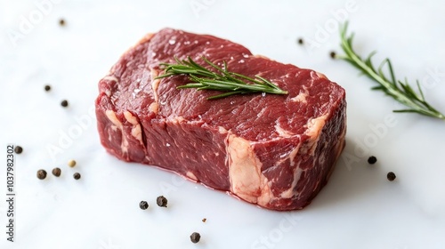 A beautifully marbled beef steak displayed on a white background, showcasing its rich texture and color, perfect for culinary promotions.