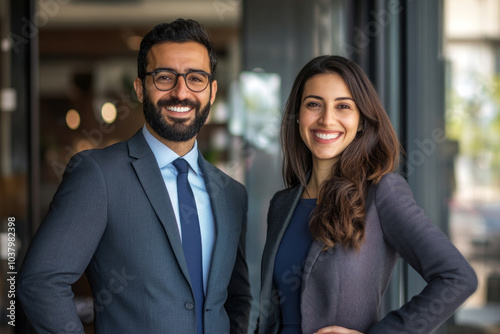 Man and woman beside glass door.