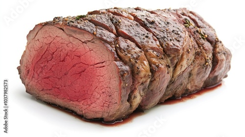 A beef roast with a perfect sear, placed on a white background, evoking a sense of gourmet cooking and delicious meals.