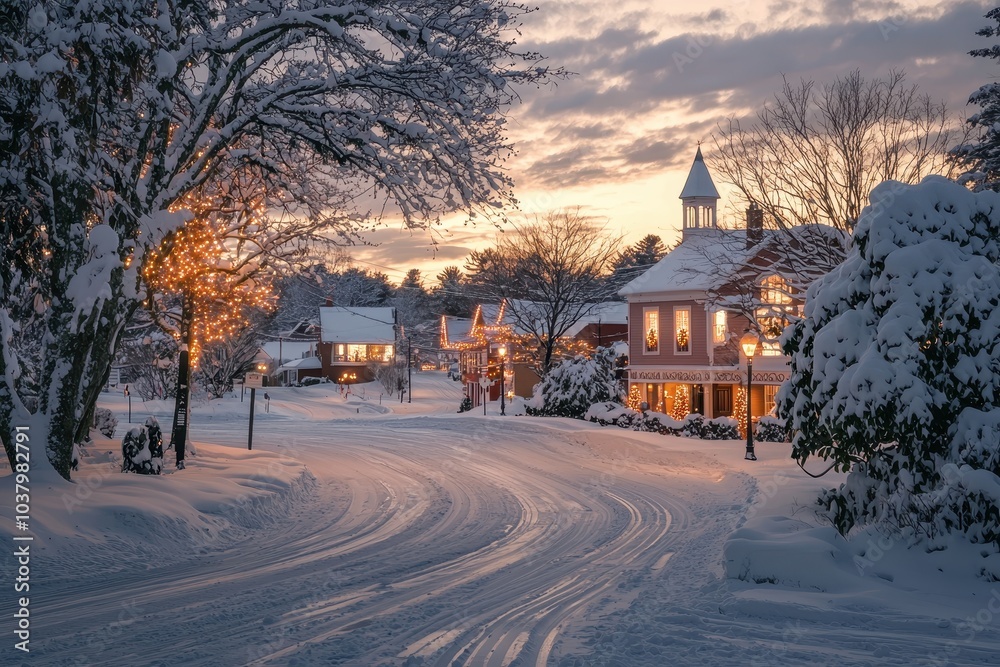 Obraz premium Warm Lights in Snow Covered Village at Sunset