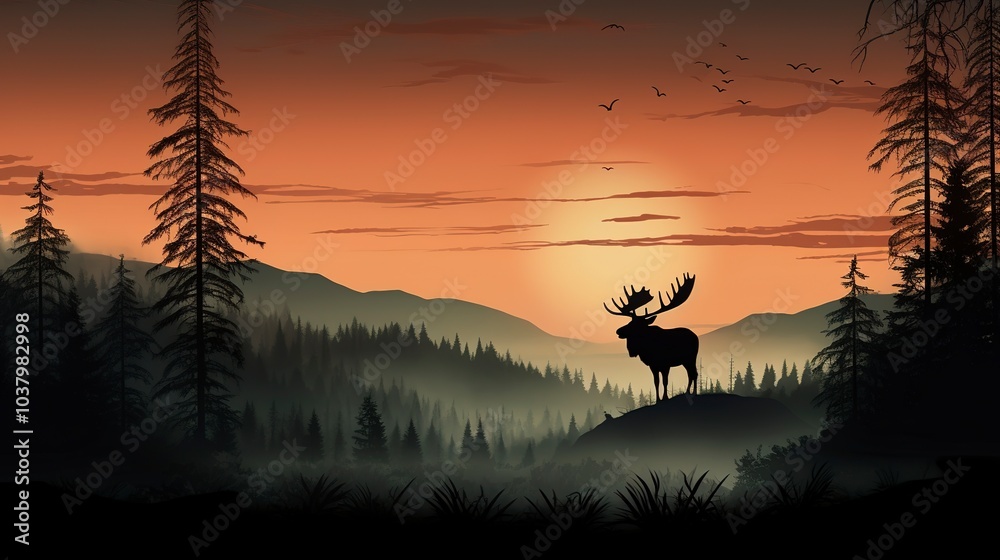 Silhouette of moose on hill. Tree in front, mountains and forest in background. Magical misty landscape Silhouette of moose on hill. Tree in front, mountains and forest in background. Magical misty landscape