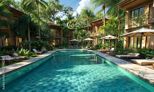 Wallpaper Mural Tropical resort with a swimming pool and lush greenery. Torontodigital.ca