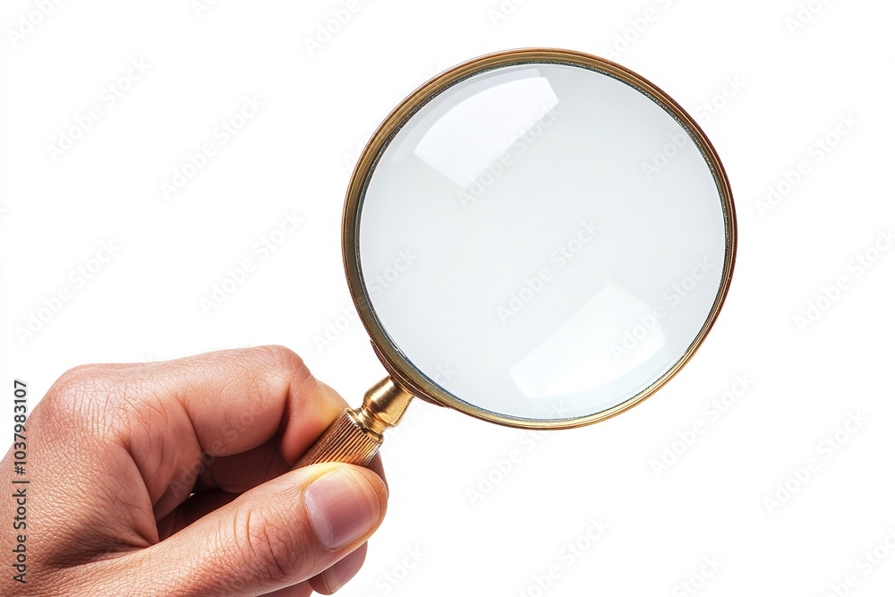 An single hand with a magnifying lens on a white backdrop. Generative Ai An single hand with a magnifying lens on a white backdrop. Generative Ai
