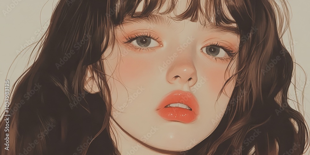 Fototapeta premium A woman with curly dark brown hair and sad, distant eyes, tightly pressed lips, against a white background.