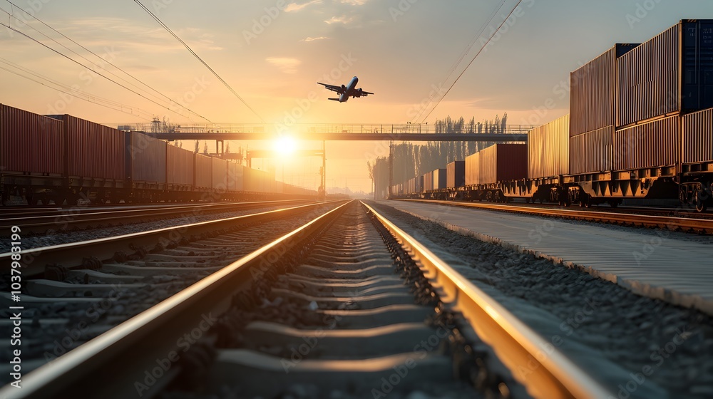 Fototapeta premium Sunset at Freight Train Rail Yard with Airplane in Sky