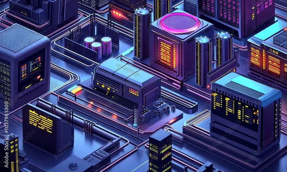 Abstract futuristic city with neon lights and glowing panels. Abstract futuristic city with neon lights and glowing panels.