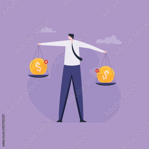 businessman balanced between income and spending, Income and expense management concept