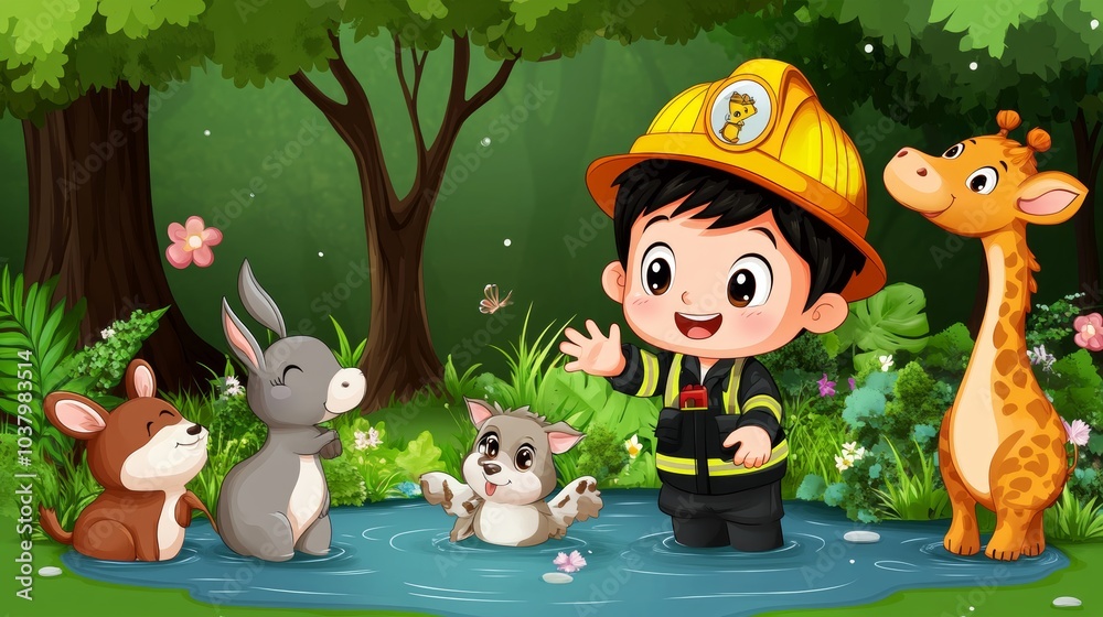 Naklejka premium Happy Firefighter Boy with Animals in Forest Illustration