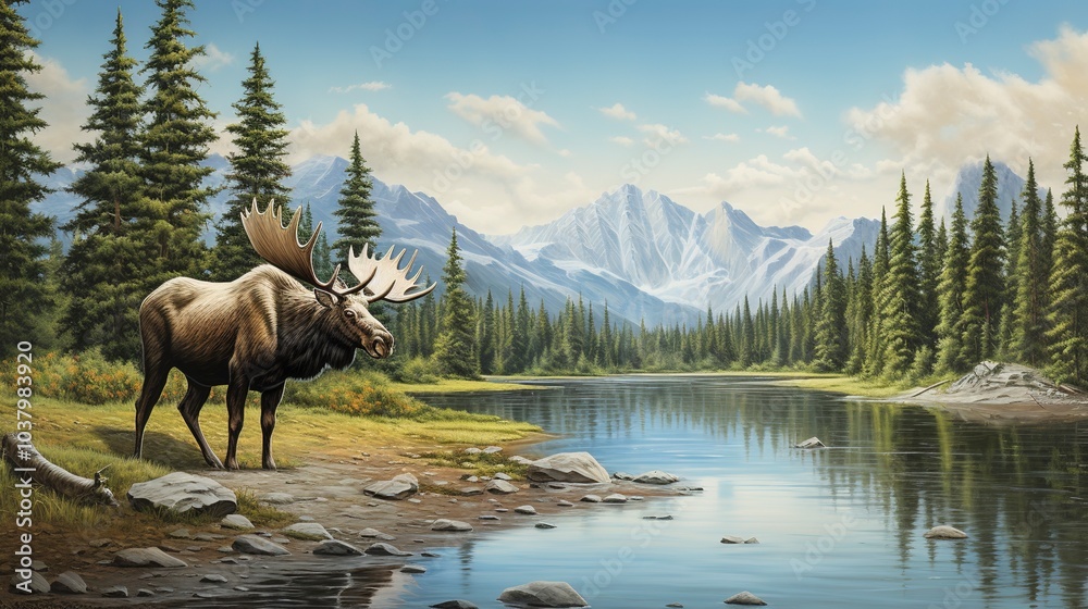 Majestic Moose with Towering Antlers in Serene Mountain Lake Landscape Majestic Moose with Towering Antlers in Serene Mountain Lake Landscape